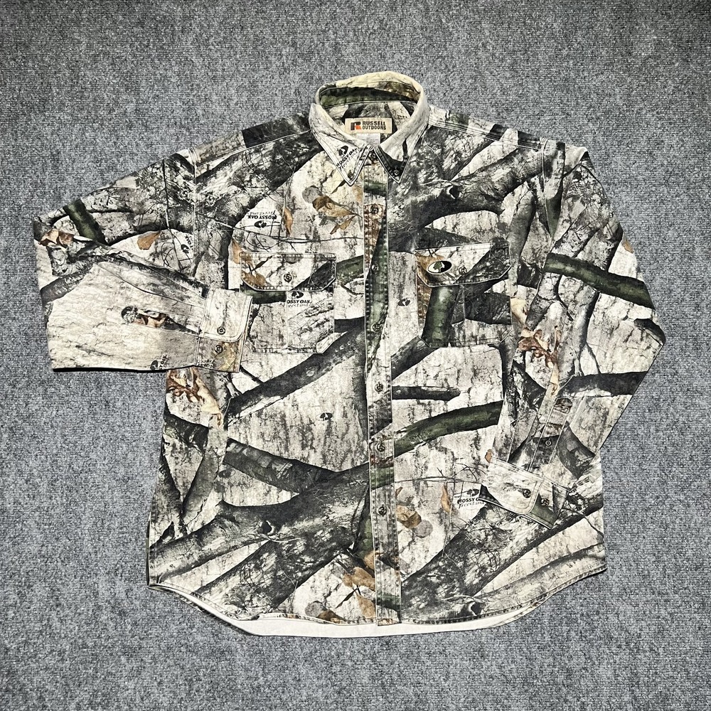 Russell Outdoors Camo Explorer Button Shirt Mossy Oak Hunting Men XL Long Sleeve